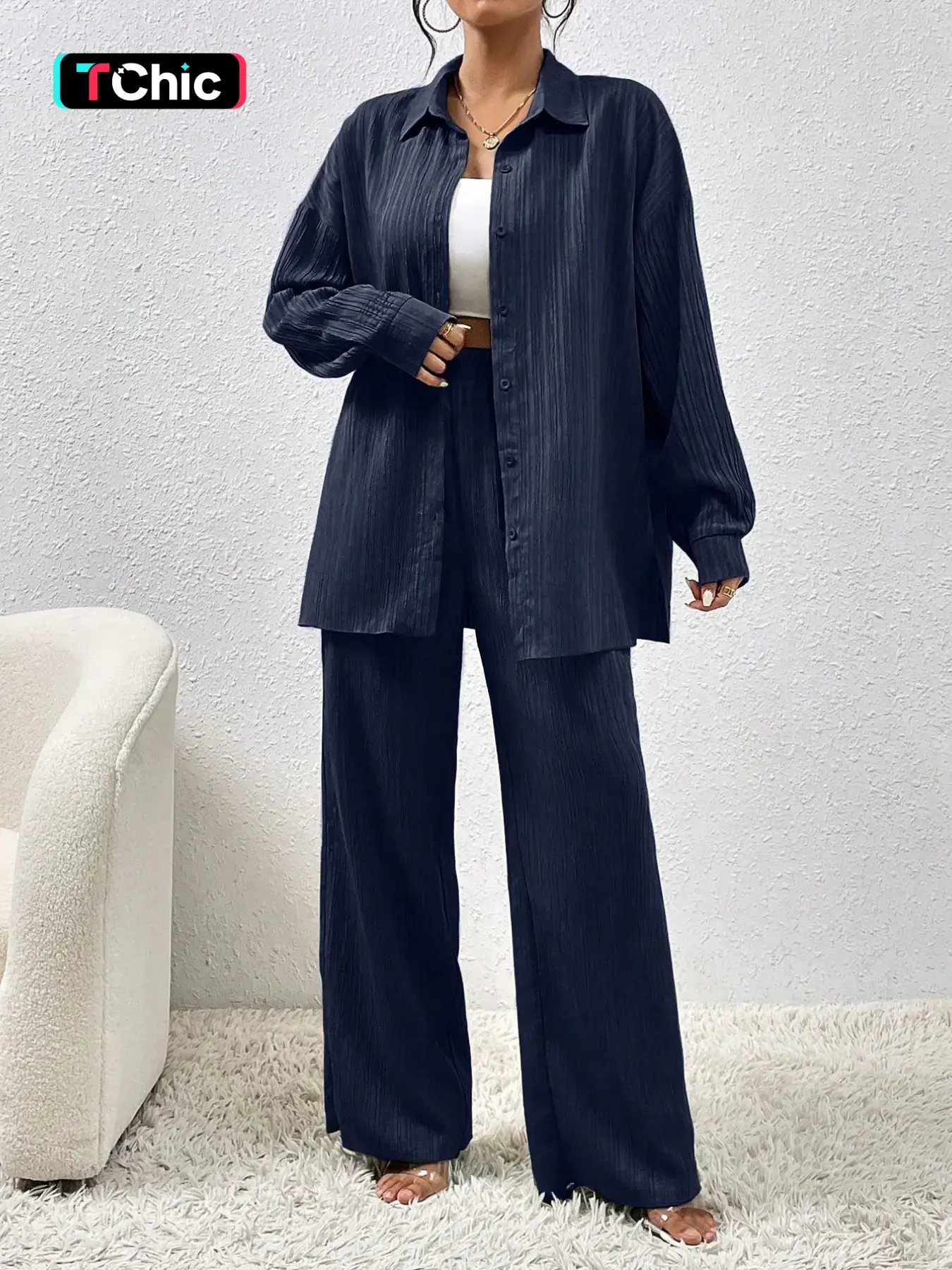 Autumn New Textured Fabric Blazer and Wide Leg Pants Set, Versatile Drop Shoulder Shirt with Split Hem, Practical Slant Pockets