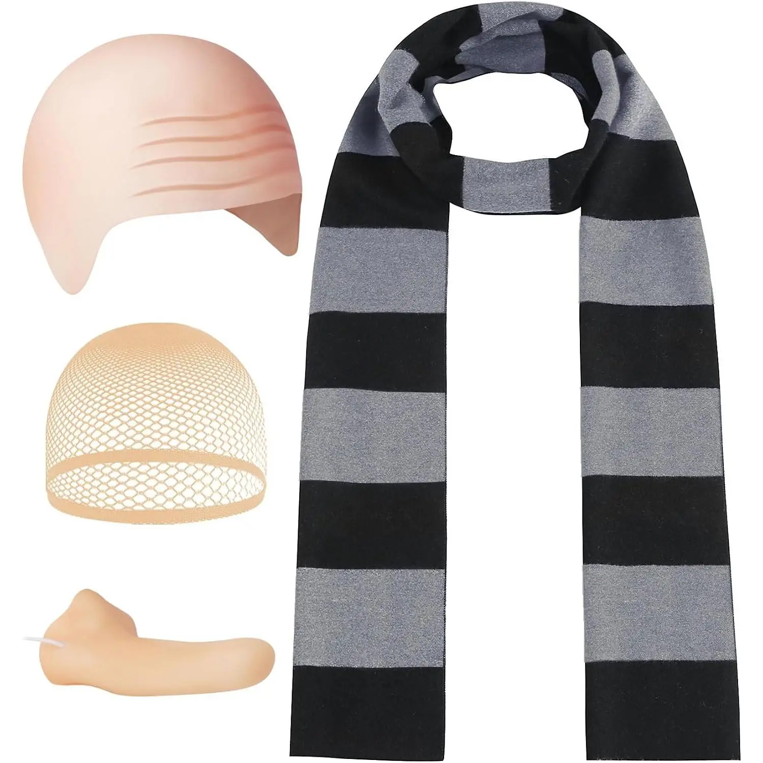 4 Pcs Adult Halloween Costume Set with Black Gray Striped Scarf, Fake Nose, Bald Cap, Mesh Wig Cap - Easy Family Cosplay for MenGift