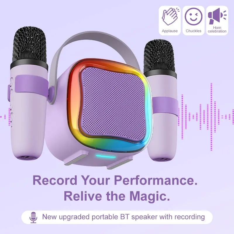 Portable Wireless Mini Karaoke Machine, 2 Wireless Microphones & Lights, Portable Singing Speaker for All Smartphones, Birthday Parties, Home Gatherings