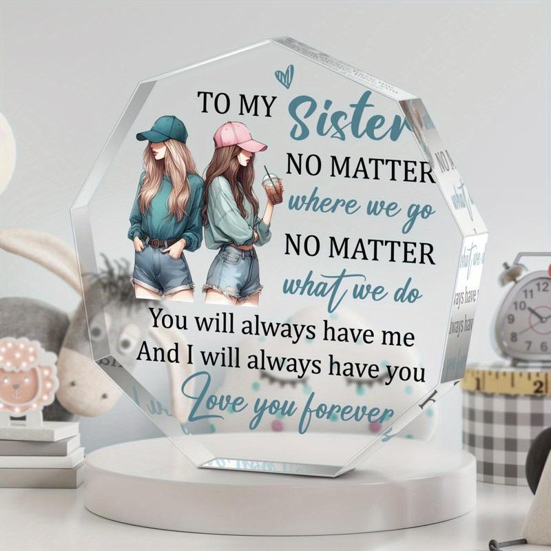 Acrylic Plaque, Heart Plaque, 1 Count Letter Sister Characters Pattern Acrylic Ornament, Creative Birthday Gift for Sister Home Decoration Ornament