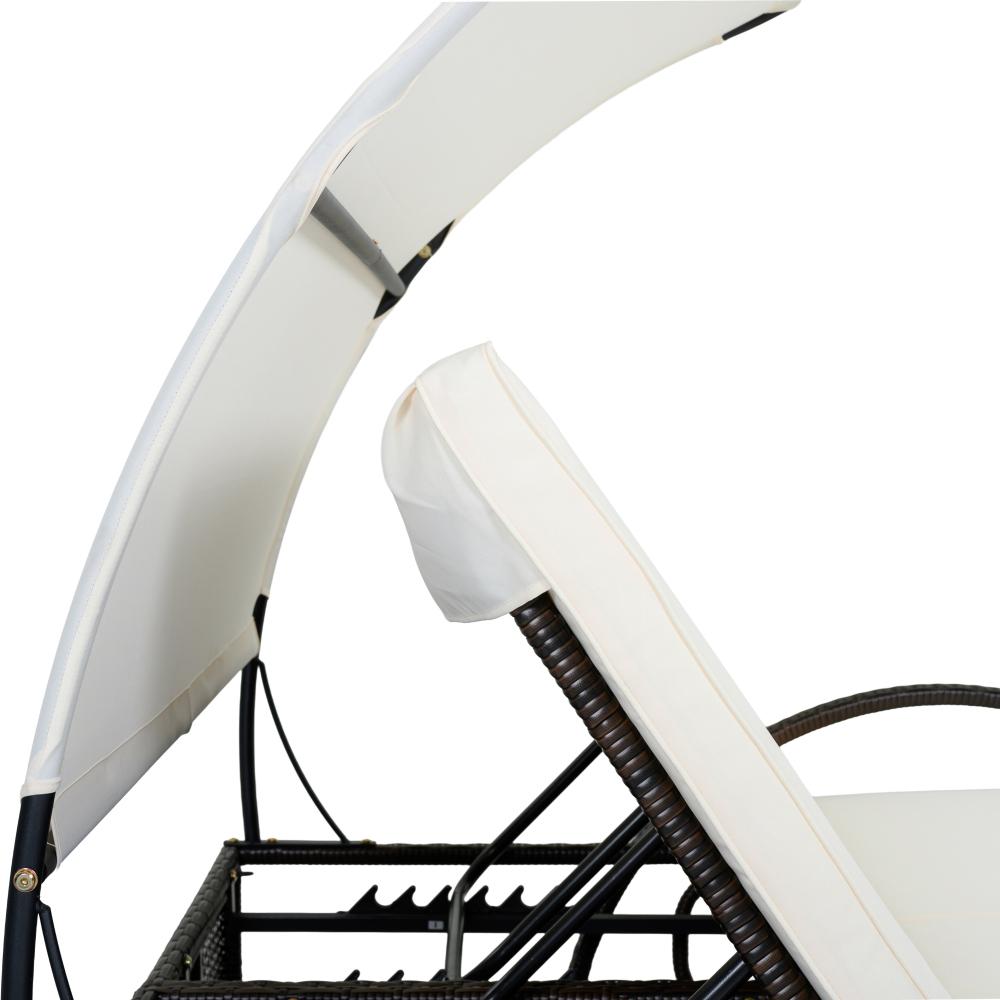 Outdoor steel-frame sun loungers with adjustable backrests; double patio sunbeds featuring hidden side tables and curved armrests; ideal for patios, pool decks, gardens, backyards, and other outdoor spaces