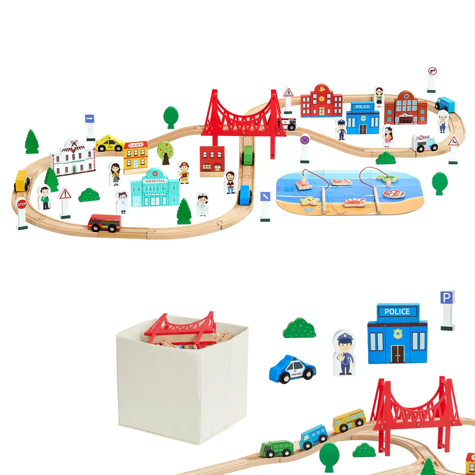 Unisex 113PCS Wooden Train Set with Storage Box - City Scene Railway Playset, Compatible with Major Brands, Indoor Recreation Toy for Kids Ages 3-8, Christmas Birthday Gift