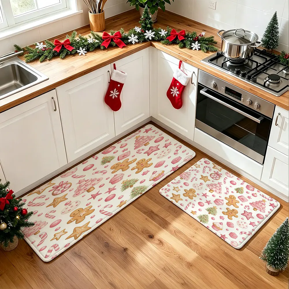 2pcs Christmas Gingerbread Man Raspberry Kitchen Floor Mat Set, Machine Washable Non‑Slip Rug for Kitchen & Home Decor