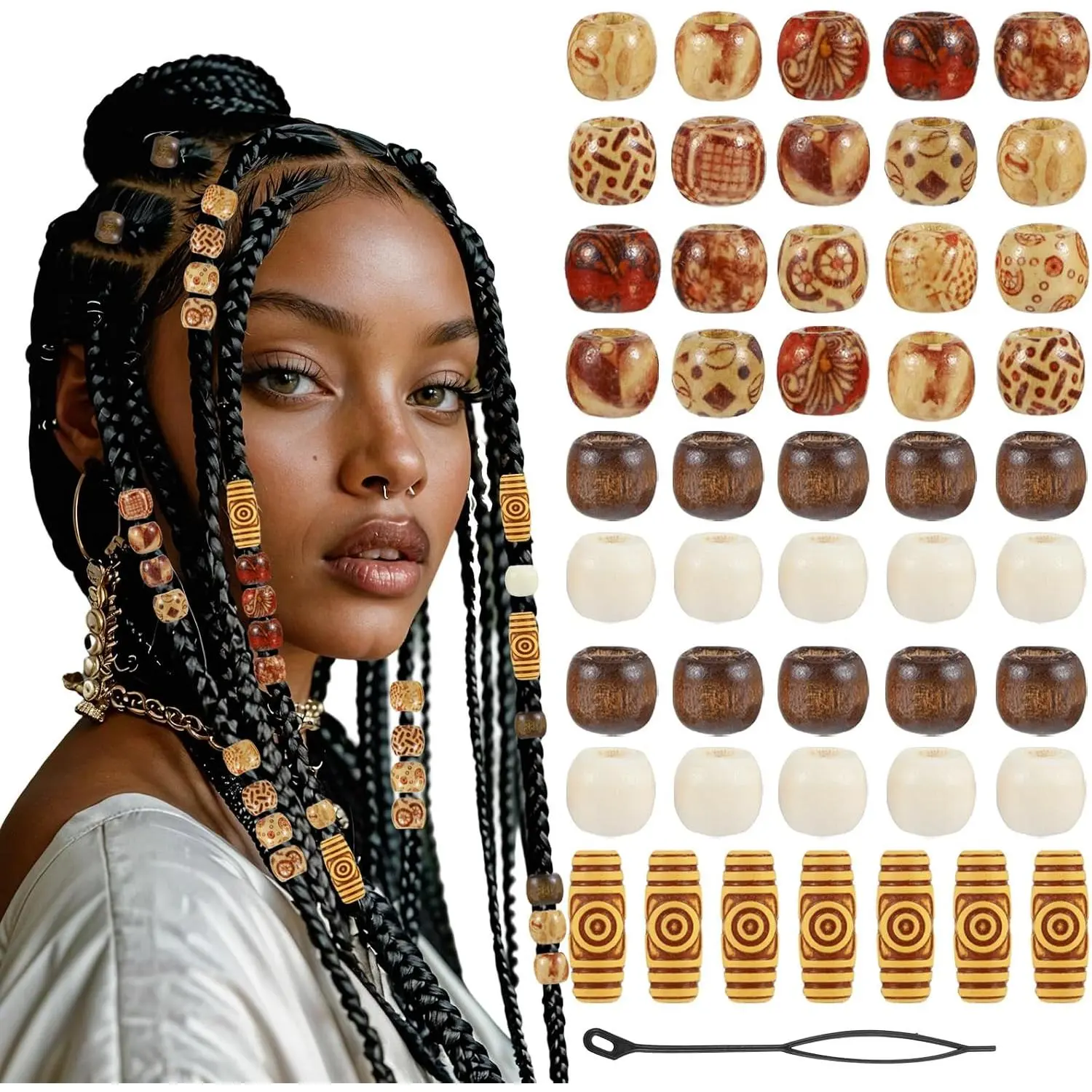 60 count Hair Beads, Wooden Painted Beads  Dreadlock Large Bead Hair  Hairs Charms Hairs Cuffs Dreadlock Accessories for  Women Men Crafts DIY Bracelets Necklace Braids