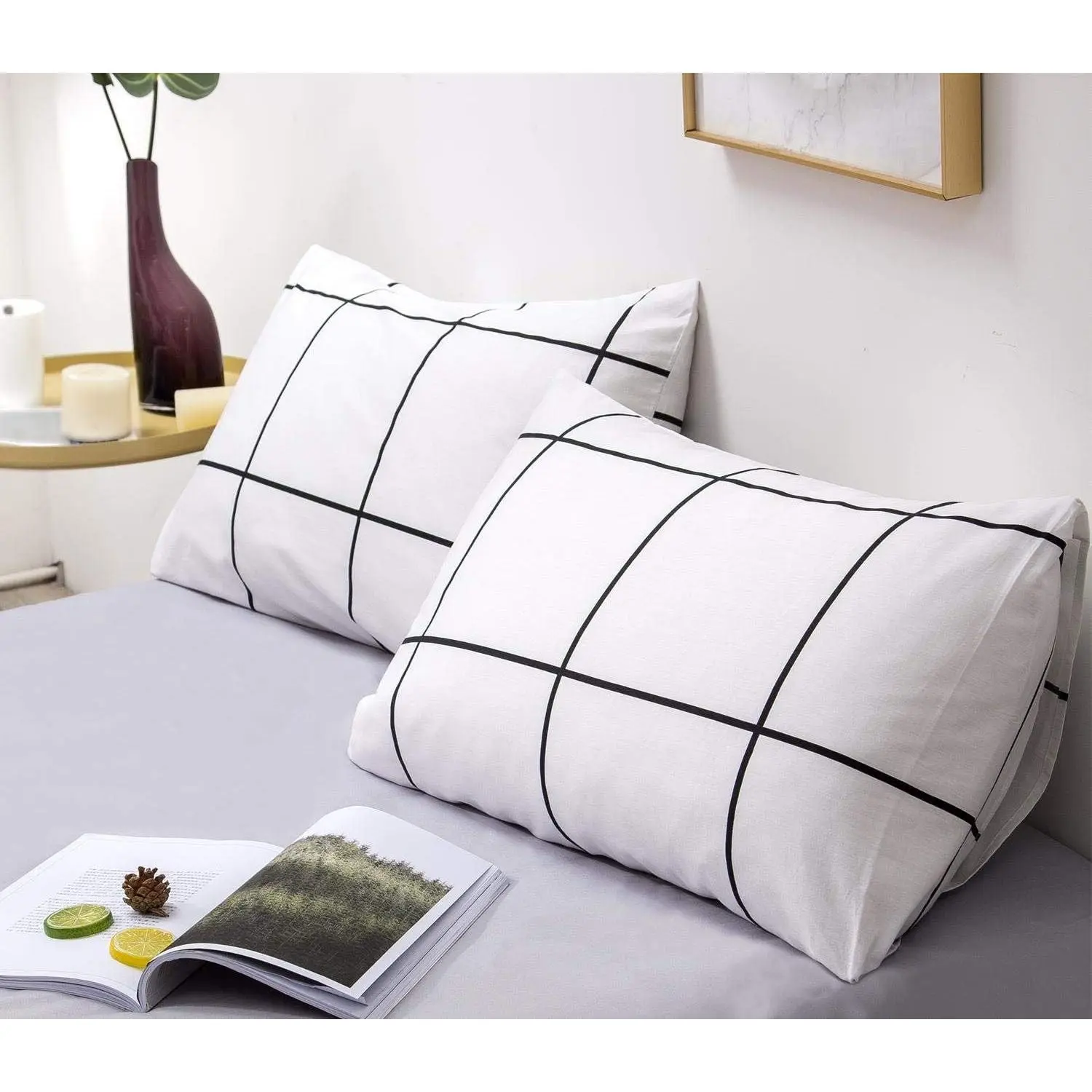 KAREVER 2 Packs White Grid Pillowcases, Black White Plaid Large Lattice Envelope Pillow Shams, Standard 20"x26" Checkered Bed Pillow Covers for Boys Girls Teens Adults