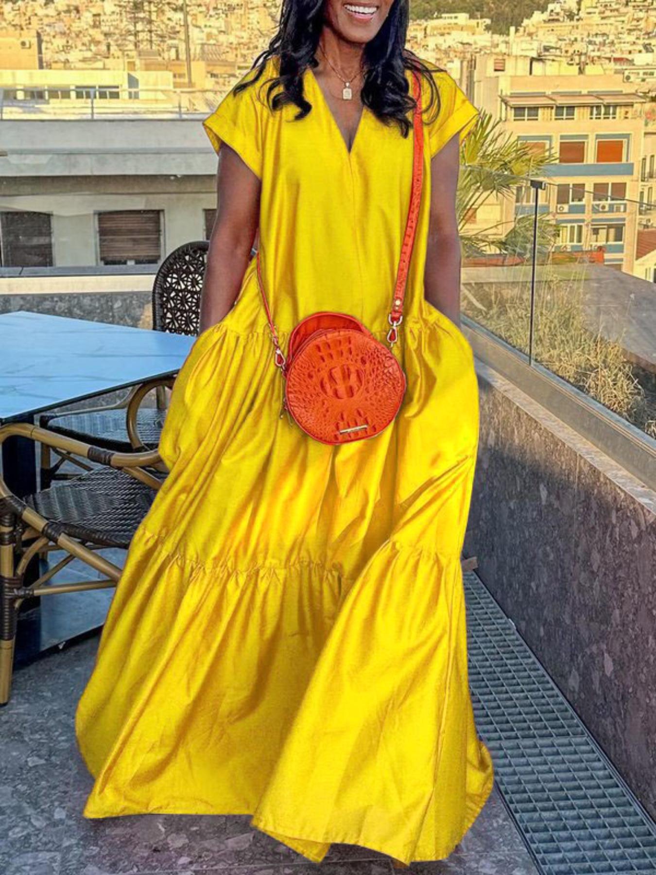 Women's Plain Pocket V Neck Dress, Elegant Casual Short Sleeve Long Dress for Summer, Ladies Clothes for Daily Wear Womenswear