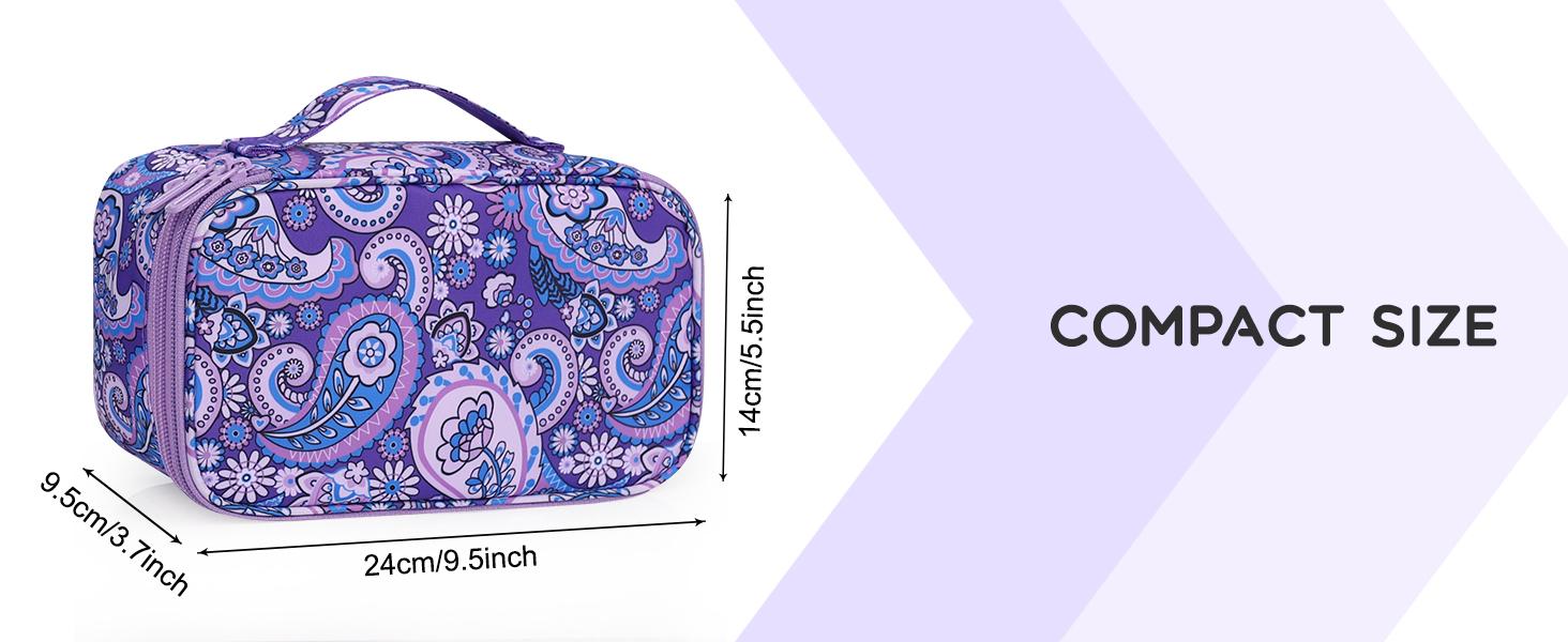 Travel Makeup Bag, Small Floral Cosmetic Bag with Makeup Brush Compartment, Portable Makeup Pouch for Women, Double Layer Cute Toiletry Organizer Bag, Purple Flower
