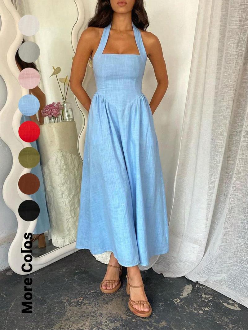 Women's Plain Pocket Zipper Back Dress, Casual Sleeveless Halter Neck A Line Dress for Summer, Ladies Clothes for Beach Holiday, Brunch Dresses