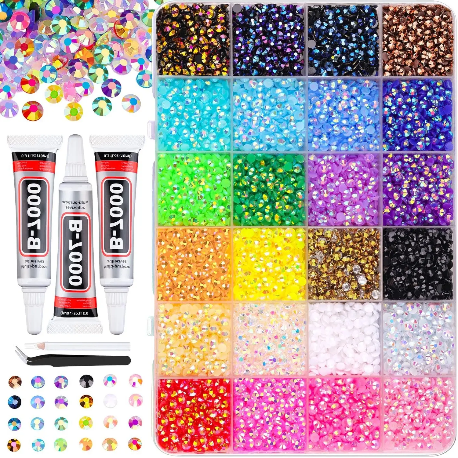 34000Pcs Multicolor 3mm Flatback Resin Jelly Rhinestones for Diamond Art, with 3Pcs 10ml B7000 Jewelry Glue for Rhinestone Decorating, Crafts, Nail Art, Book DecorGift