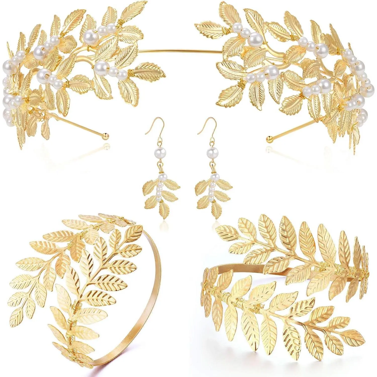 Women's Greek Goddess Jewelry Set - Gold Toga Athena Cleopatra Hercules Egyptian Aphrodite Roman Leaf Headpiece Crown Halloween Accessories(Gift)