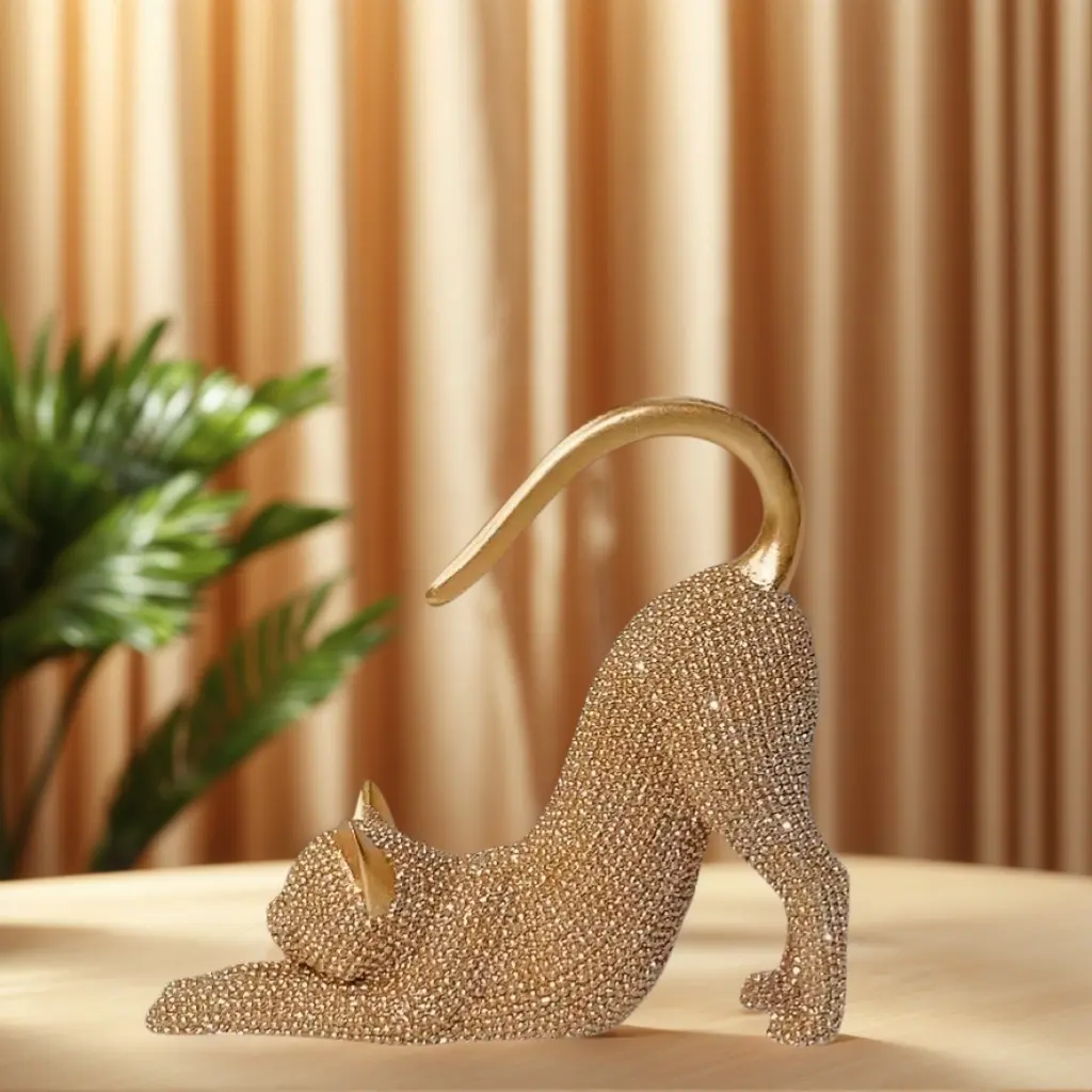 Resin Cat Statue Home Decor, Lazy Cat Stretch Sculpture with Sparkling Crystal Desk Ornament, Creative Gift for Cat Lovers, Modern Home Decor