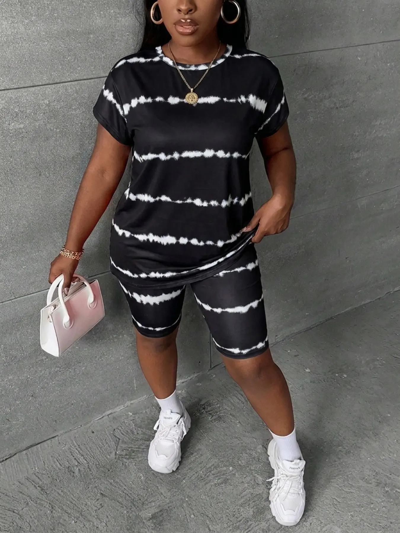 Women's Plus Size Tie-Dye Two-Piece Set Short Sleeve T-Shirt & Cycling Shorts, Casual Style Summer, Comfortable Lightweight Fabric