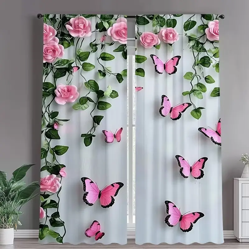 2 pieces of light white background powder rose butterfly vine pattern. Installed by pocket rod. Digital printed curtains. Suitable for living room, closet, bedroom, study, dining room and home decoration.