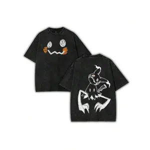 Mimikyu Halloween V2 Acid Washed Double Sided Graphic Tee Oversized Vintage Retro Cotton Unisex Short Sleeve Top Soft Breathable Casual Streetwear Apparel Trendy Daily Outfit Ideal For Halloween Party Weekend Gathering Holiday Birthday Gift For Anime Poke