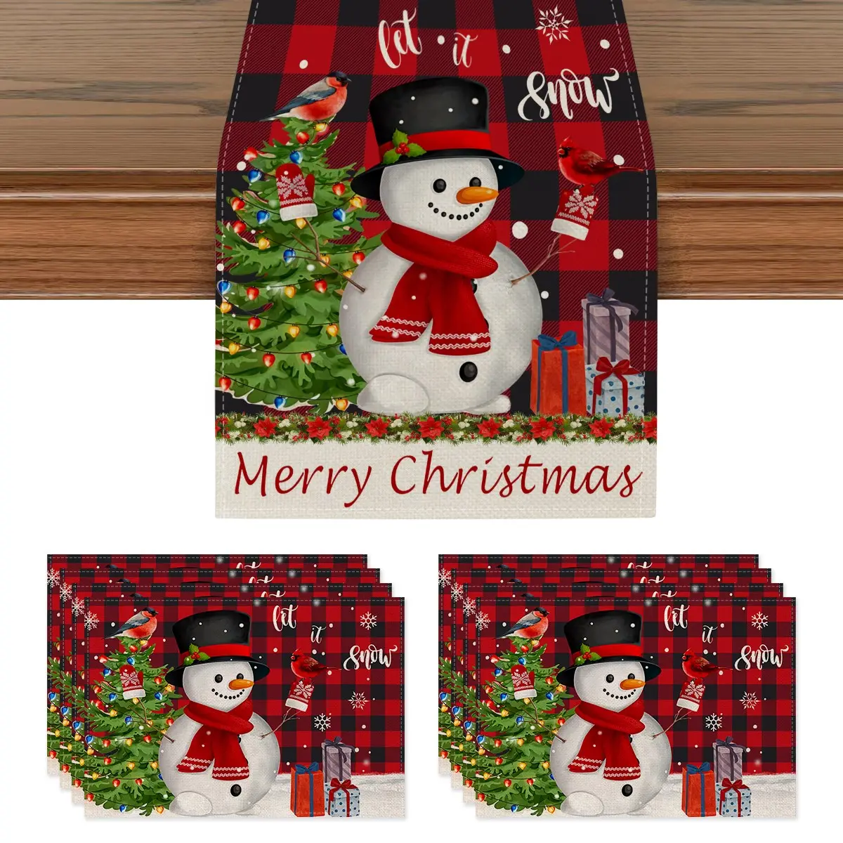 Christmas Table Runner and Placemat Set, Checkered Snowman Design, Perfect for Thanksgiving, Kitchen, Dining Room, Home Decor