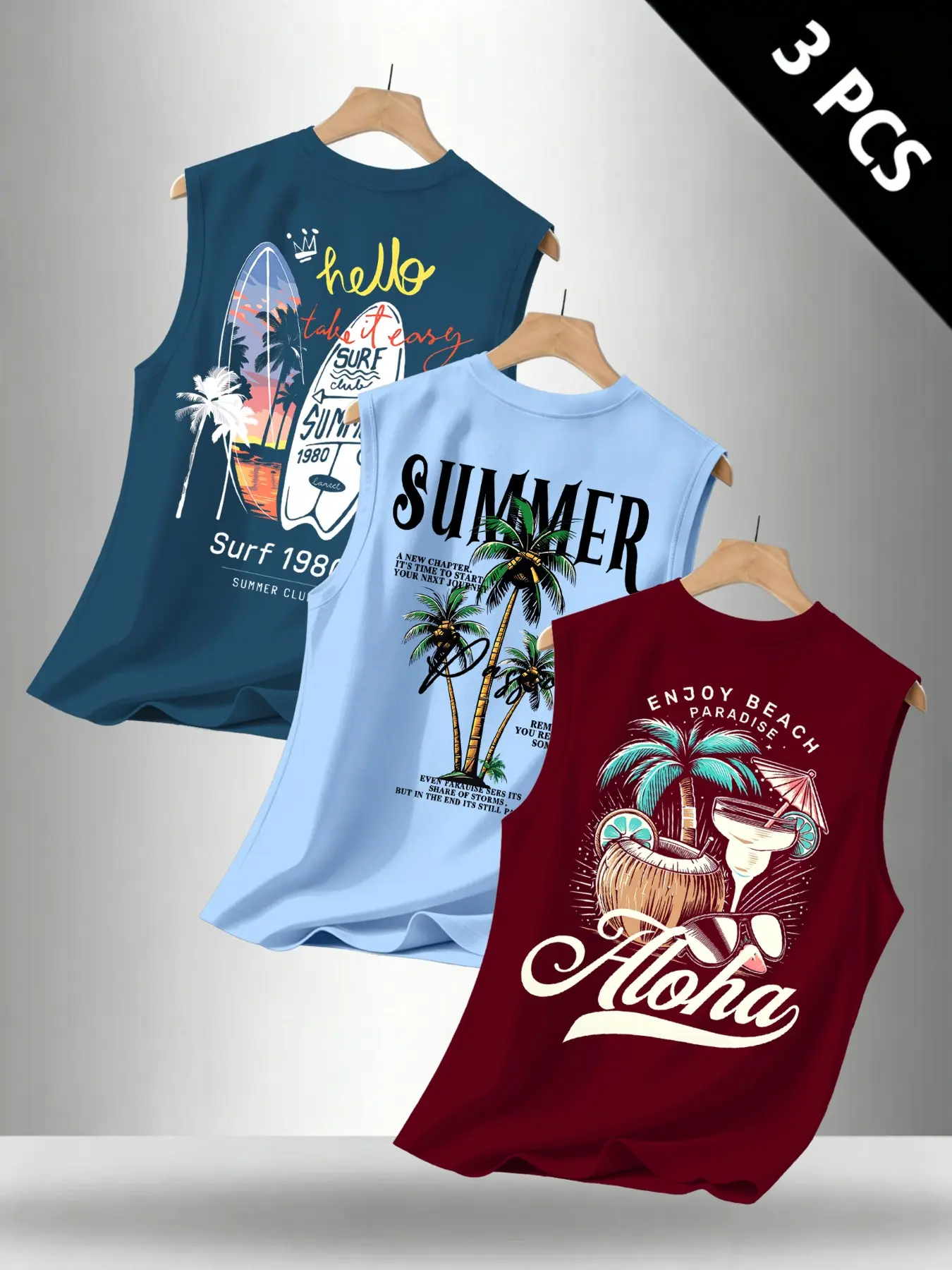 Men's Summer Tank Top Loose 3-Pack, Coconut Tree Letter Graphic Print Sleeveless Shirt, Casual Tropical Vacation Style, Casual Beach Style, Menswear, Perfect for Hot Weather