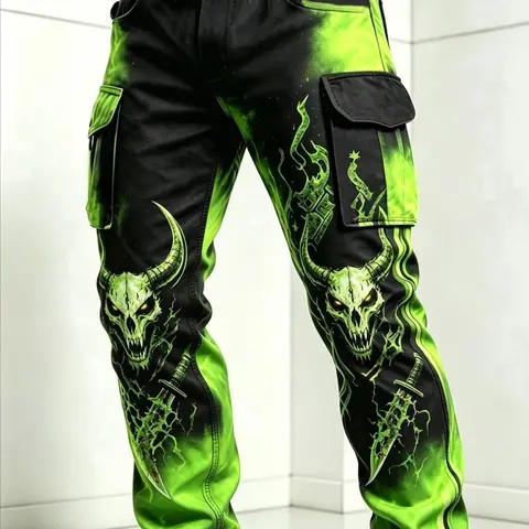 Gothic Skull Print Cargo Pants for Men, Fluorescent Green Flame Graphic Straight Leg Fashion Streetwear Trousers with Multi-Pocket, Fall Pants