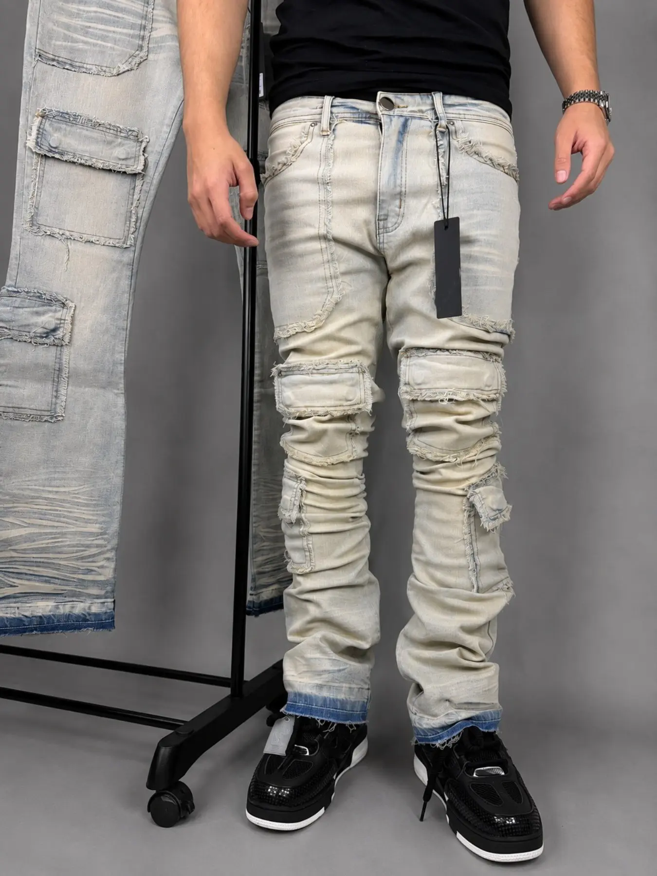Men's Vintage Washed Edge Multi-Pocket Workwear Jeans, American High Street Retro Flare Pants, Street Fashion Cargo Denim Long Pants