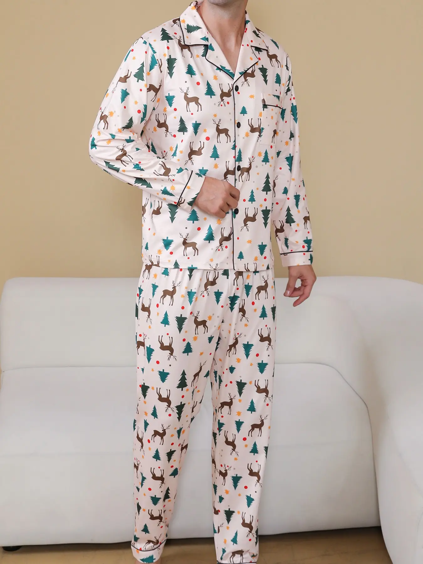 Men's Spring Fall Pajama Set, Plaid Long Sleeve Fitted Sleepwear, Ankle Length Casual Home Clothes, Perfect Gift for Christmas
