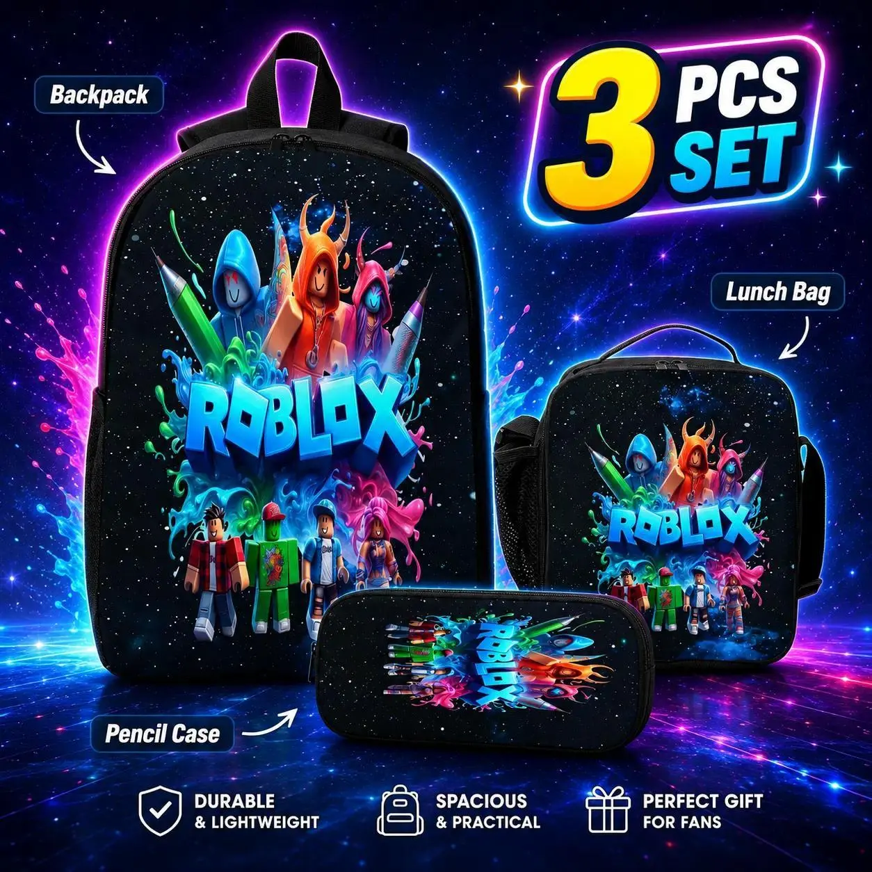 Roblox 3PCS Backpack Set for Kids School Bag Lunch Bag Pencil Case Gaming Style Gift Roblox 3PCS Backpack Set for Kids School Bag Lunch Bag Pencil Case Gaming Style Gift