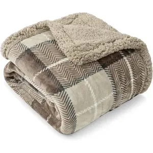 Taupe Plaid Sherpa Throw Blanket for Couch Twins, Soft Fuzzy Cabin Blanket and Throws, Warm Cozy Winter Gift Blanket, 60x80
