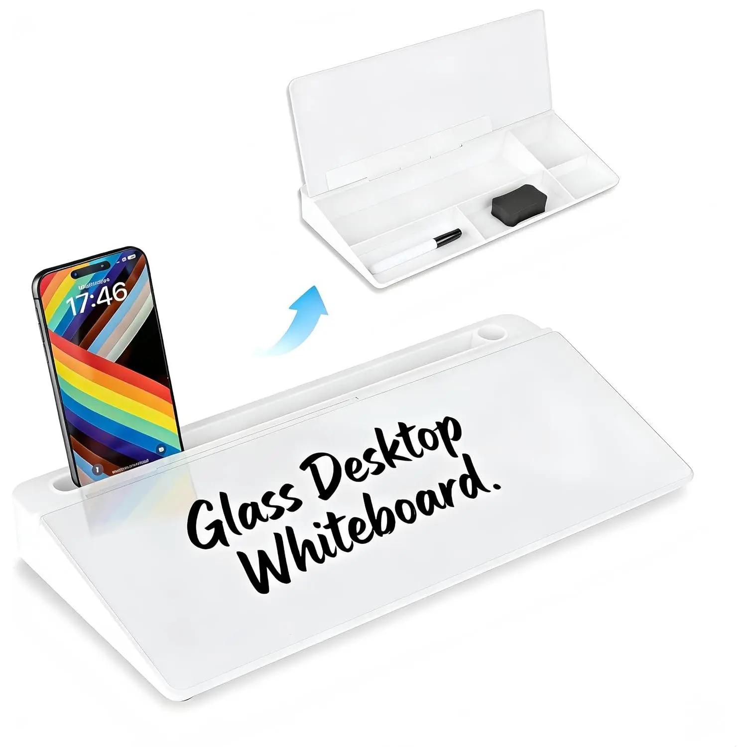 Tempered Glass Desktop Whiteboard, 15.8×7in Dry Erase Board with Storage Compartment, Marker and Eraser for To-Do List, Office & School Desk Organizer Accessory