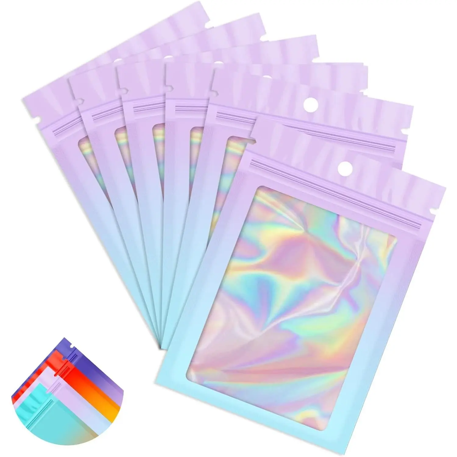100-Pack Gradient Holographic Mylar Foil Bags, 2.7×3.9In Resealable Zip Pouch with Transparent Window, Smell-Proof Food Storage & Sample Jewelry Baggies (Purple Blue)