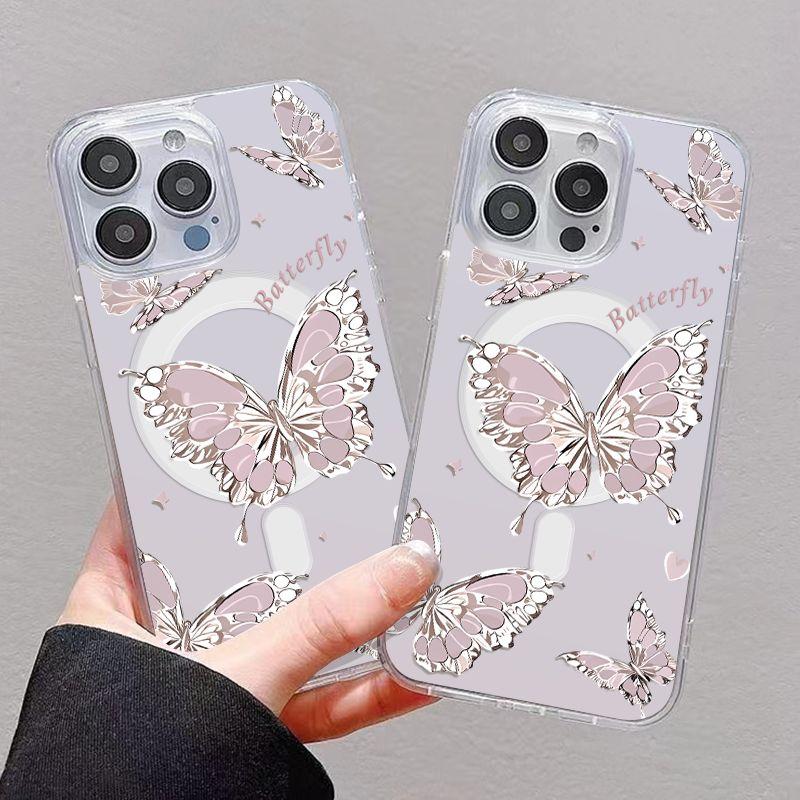 Premium Magnetic Case for iPhone12/13/14/15/16/17promax The product features a butterfly pattern design, magnetic closure, and is drop and shock resistant