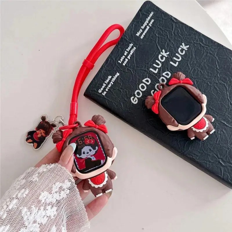 For Apple Watch Sport 1/2/3/4/5/6/7/8/9th Gen S10 S11 Ultra SE 38/45/41/44/42/46/49mm Cute 3D Doll Silicone Lanyard Kids Case