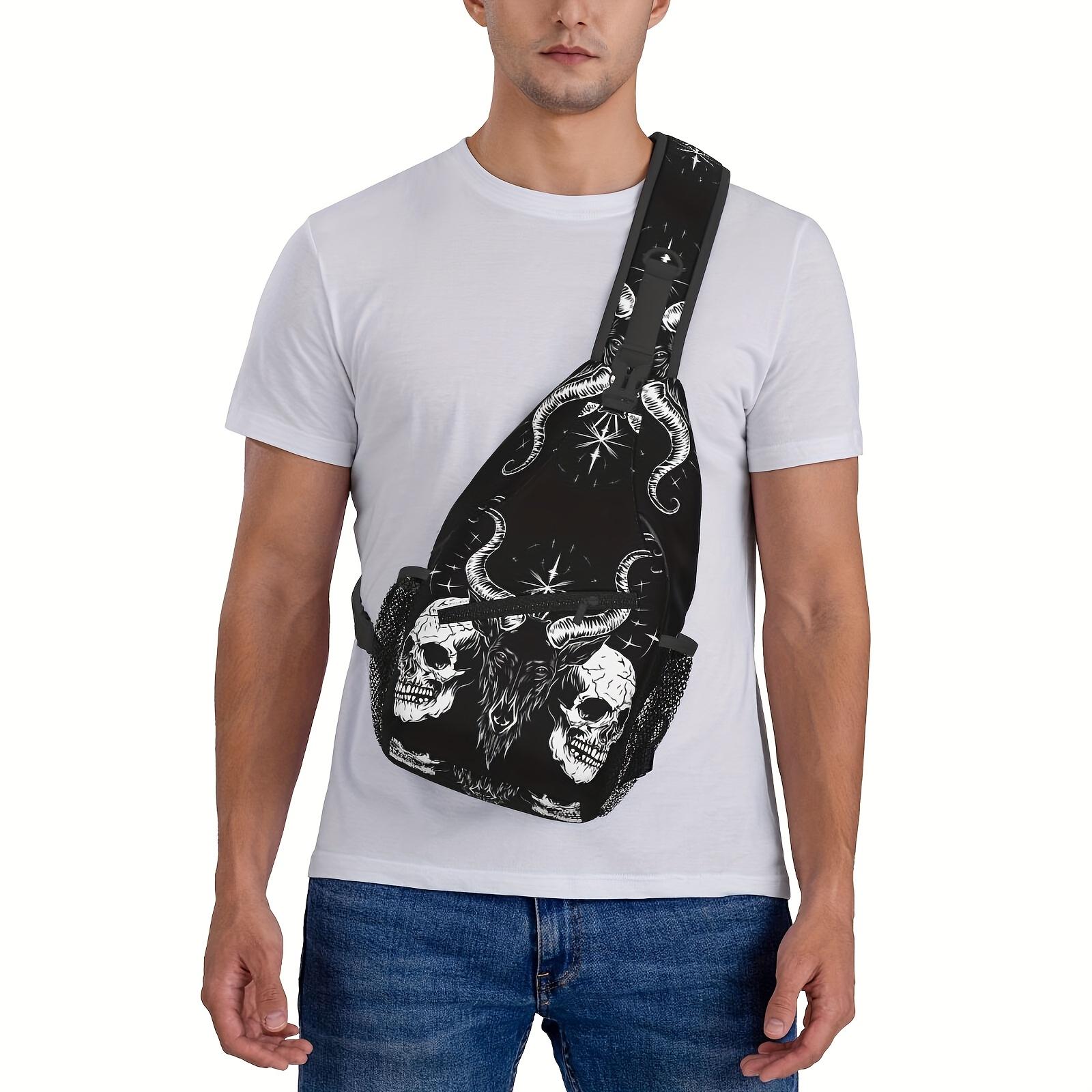 Fashionable And Durable Crossbody Chest Bag Featuring a Baphomet Design with Two Skulls, Perfect for Hiking, Shopping, Leisure Travel, Or As a Beach Bag. This Large-Capacity Backpack Is Also Suitable for Fishing And Makes a Great Accessory for Hallo