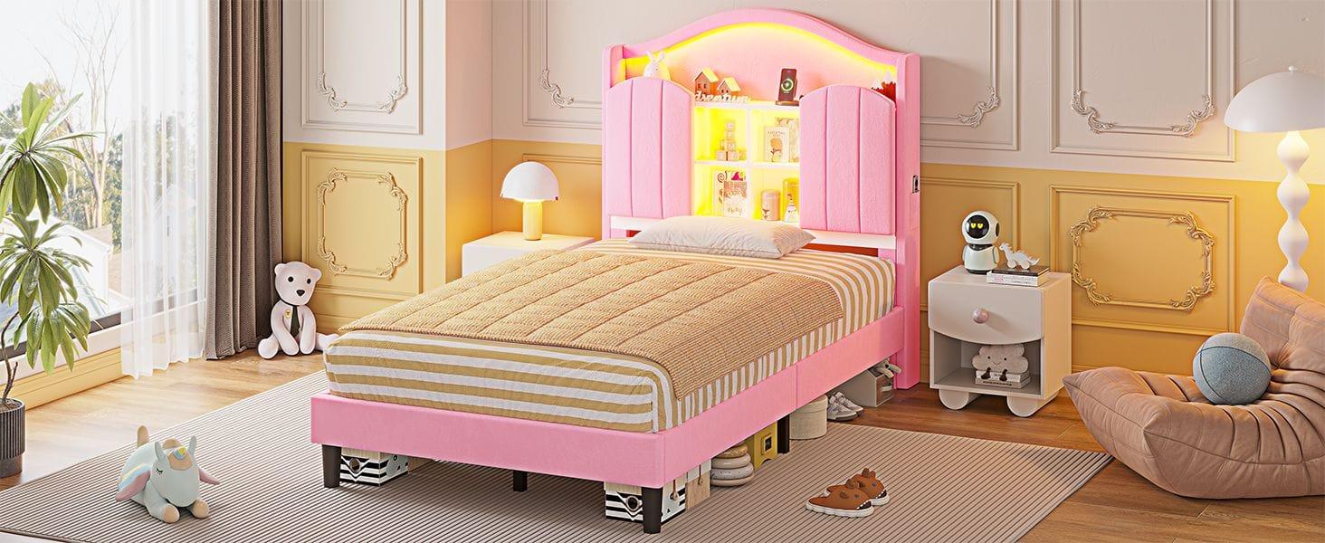 Sikaic Twin Size LED Bed Frame with Charging Station & Storage Headboard Pink Royal Velvet Princess-Inspired Luxury