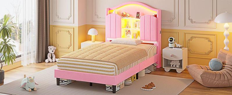 Sikaic Twin Size LED Bed Frame with Charging Station & Storage Headboard Pink Royal Velvet Princess-Inspired Luxury