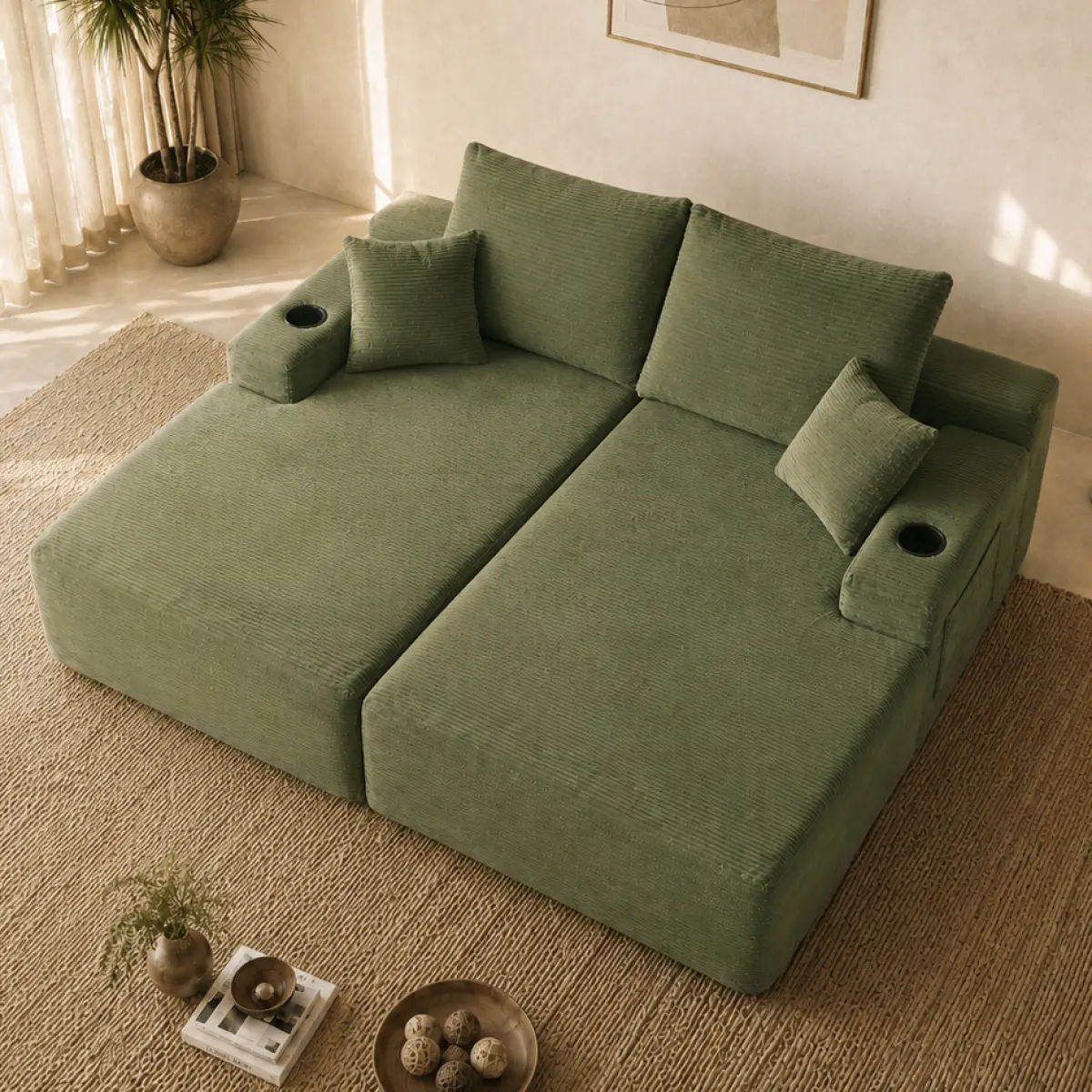 Aobtkel 69" Cloud Sectional Couch with Double Chaise, 2-Seater Deep Seat Corduroy Sofa with Foam and Spring Support, No Assembly Required for Living Room, Apartment, Bedroom, Lounge and Small Spaces