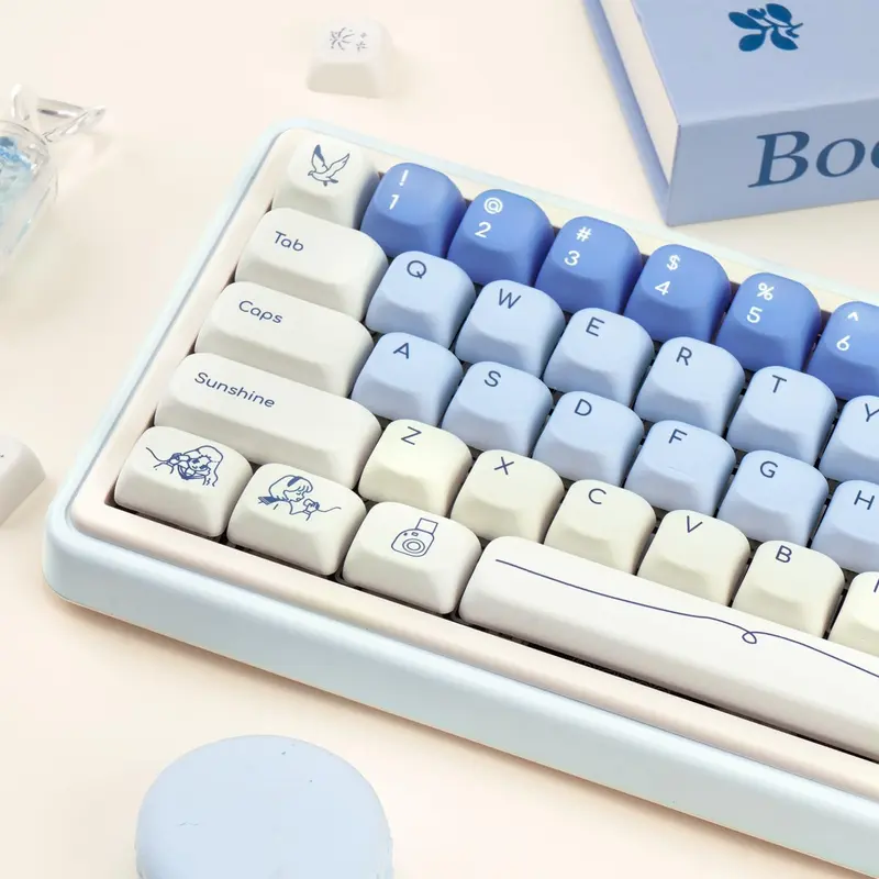 Blue White PBT Keycaps, MOA Profile, Custom Keyboard Keycap, Minimalist Style Dye Sub Keycaps, 130 Keys Anime Keycap Set for Cherry Gateron MX Switches Gaming Keyboard
