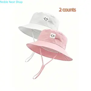 2 Pack Toddler Smiley Face Bucket Hat, UPF 50+ UV Protection Unisex Sun Hat for Boys Girls, Cute Cartoon Fisherman Cap for Summer Beach Park Travel & Vacation