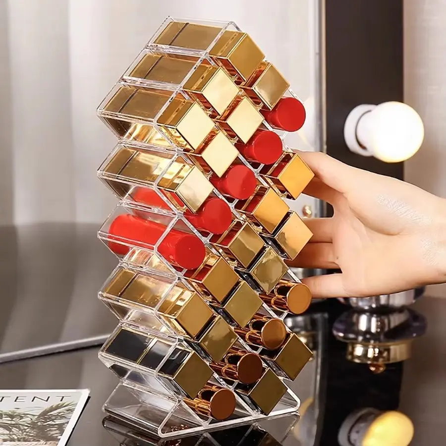 Transparent Lipstick Organizer, Desktop Compartment Makeup Display Rack, Elegant Lip Gloss Storage Shelf, High-End Cosmetics Holder
