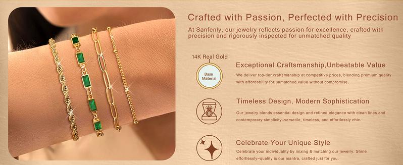 Sanfenly Gold Birthstone Bracelets for Women 14K Gold Plated Waterproof Non Tarnish Dainty Stackable Bracelet Emerald Green Friendship Jewelry Gift for Mom