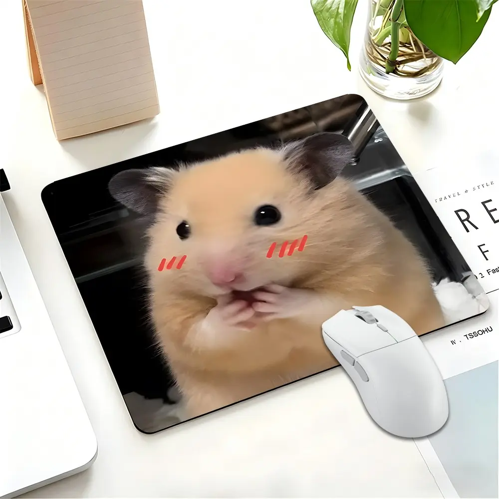 Cute Hamster Square Gaming Mouse Pad,Humorous Animal Desktop Decorative Protective Pad,Rubber Anti-slip Lockedge Work Pad,Small Size Suitable for Laptop, Desktop Computer Games,Work, Family,