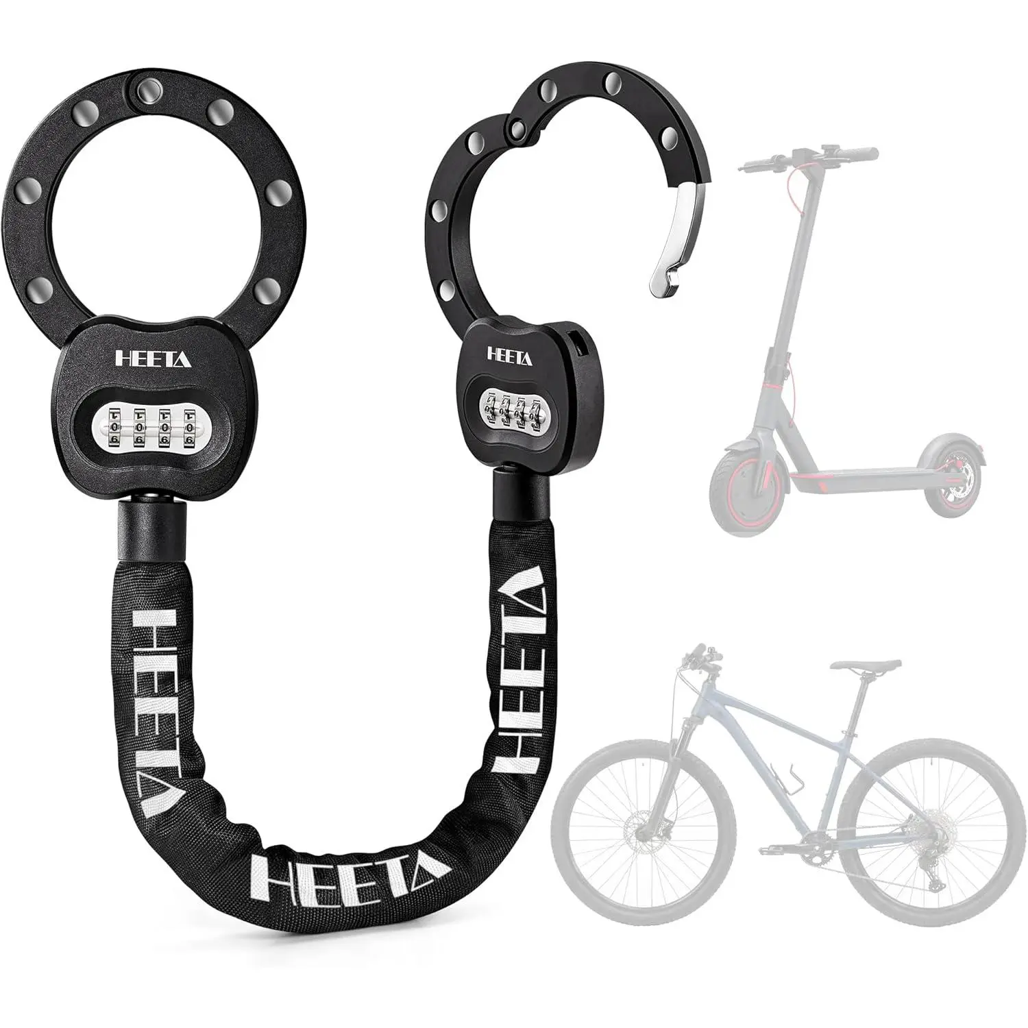 HEETA Electric Scooter Lock Anti Theft, 4 Digit Combination Bicycle Lock| 3.91lbs Heavy Duty Security Ebike Bike Chain Lock Cable Accessories for Adults, for E Scooter, Motorcycle, Door, Gate & Fence