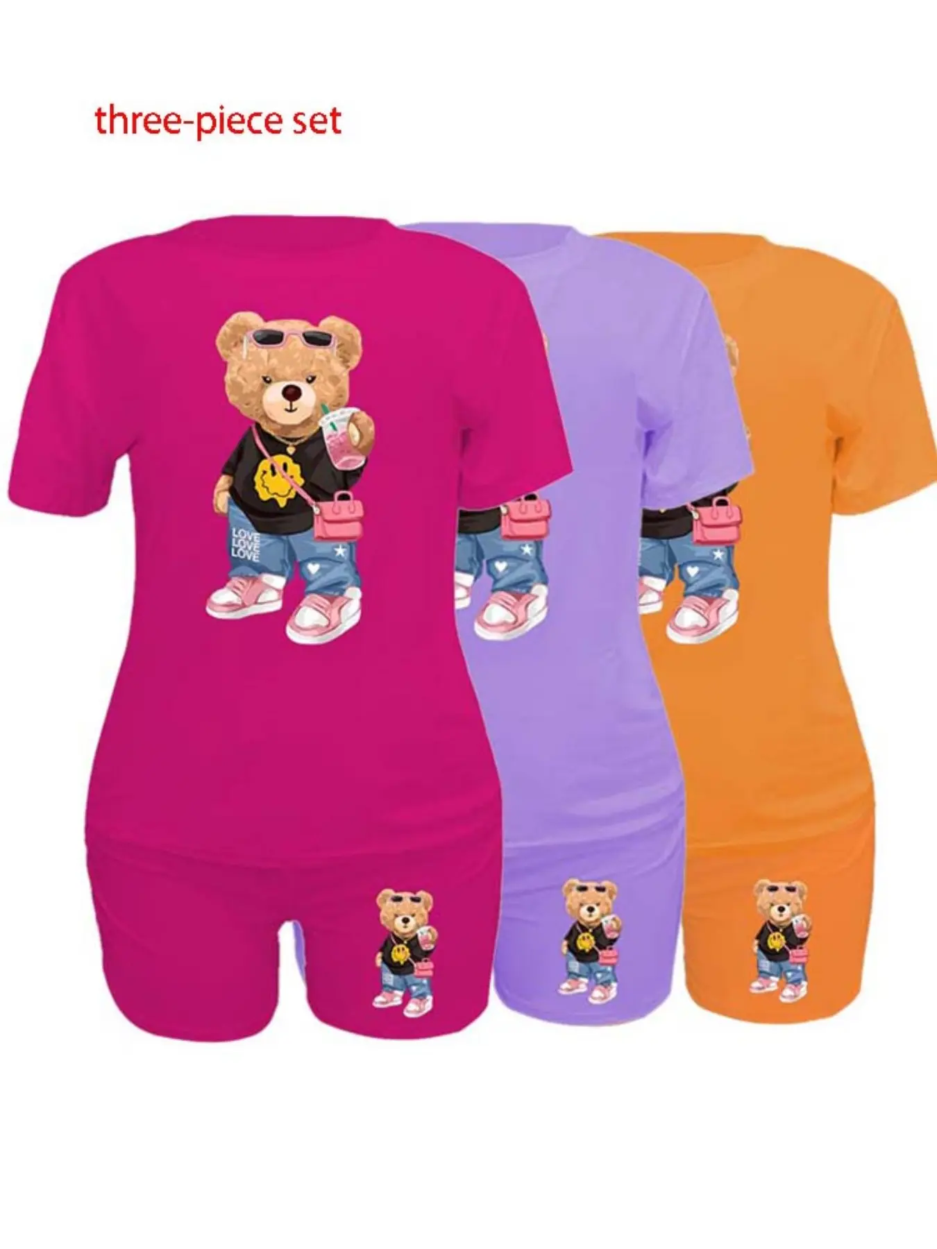 Women's Cute Cartoon Bear Smile T-Shirt Set, Short Sleeve Top & Shorts, Casual Fitted, All-Seasons Wear, Classic Color Scheme