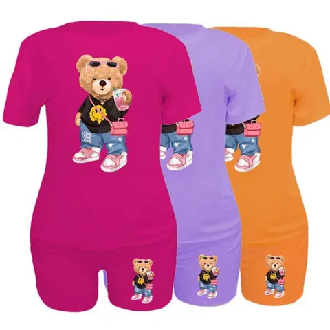 Women's Cartoon Bear Smile T-Shirt Set, Short Sleeve Top & Shorts, Casual Fitted, All-Seasons Wear, Classic Color Scheme, Shorts And Tops