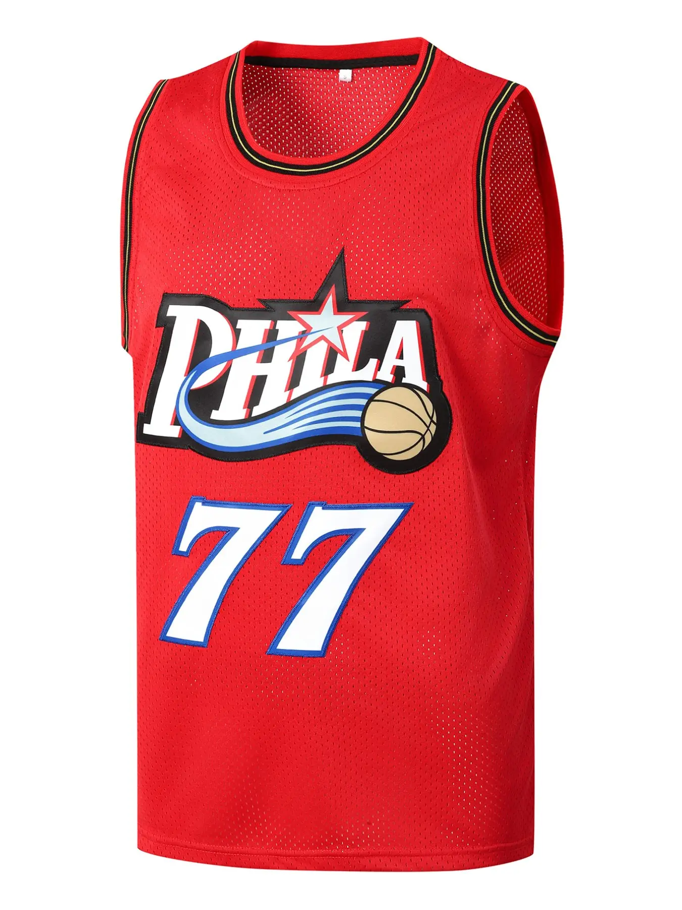 Men's 77 Red Basketball Jersey, Embroidered Sports Vest, Casual Long Fitted Top, Letter Pattern, Unlined, H-Type Silhouette