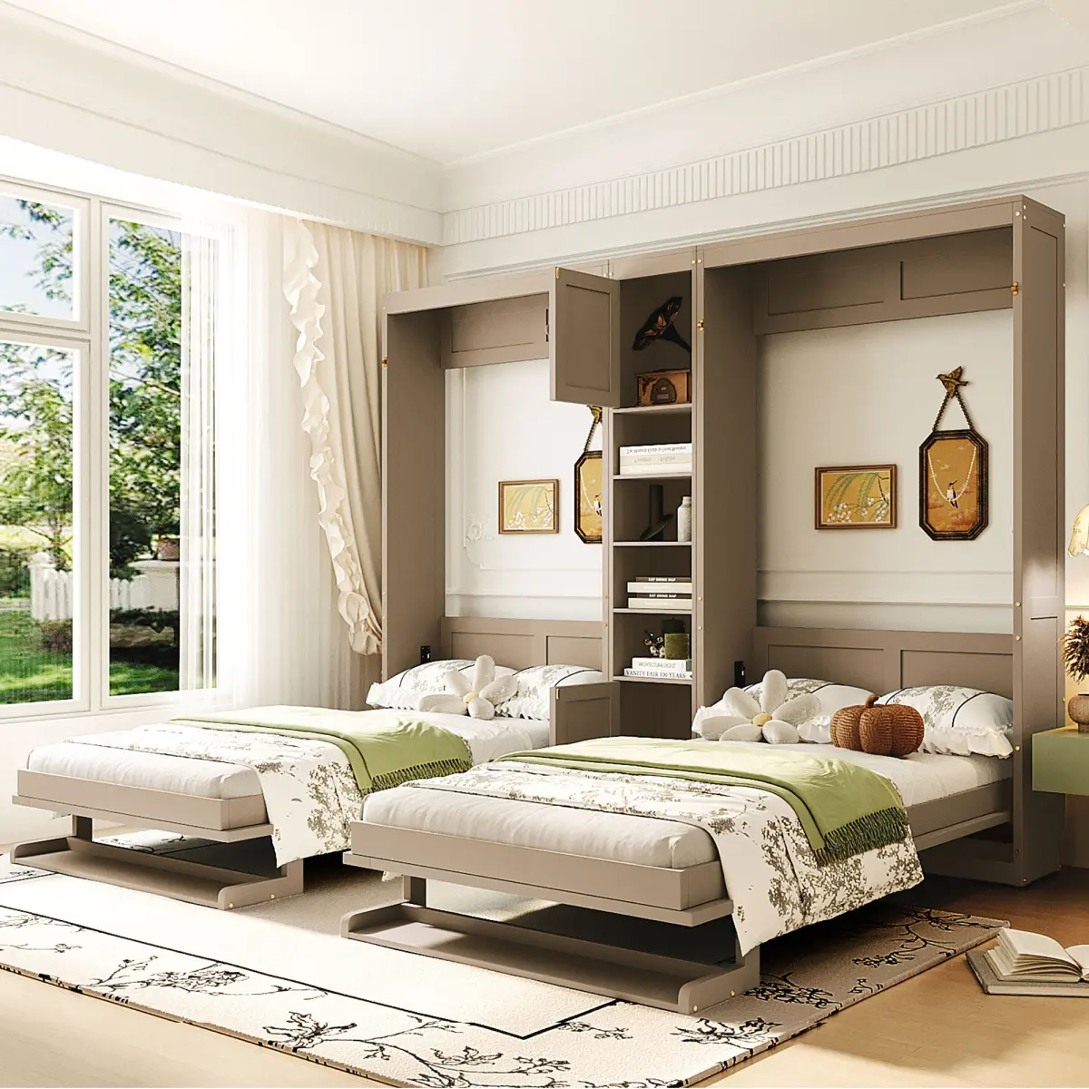 Dual Twin size Wall Murphy Beds with Cabinets and Shelves, Antique Gray