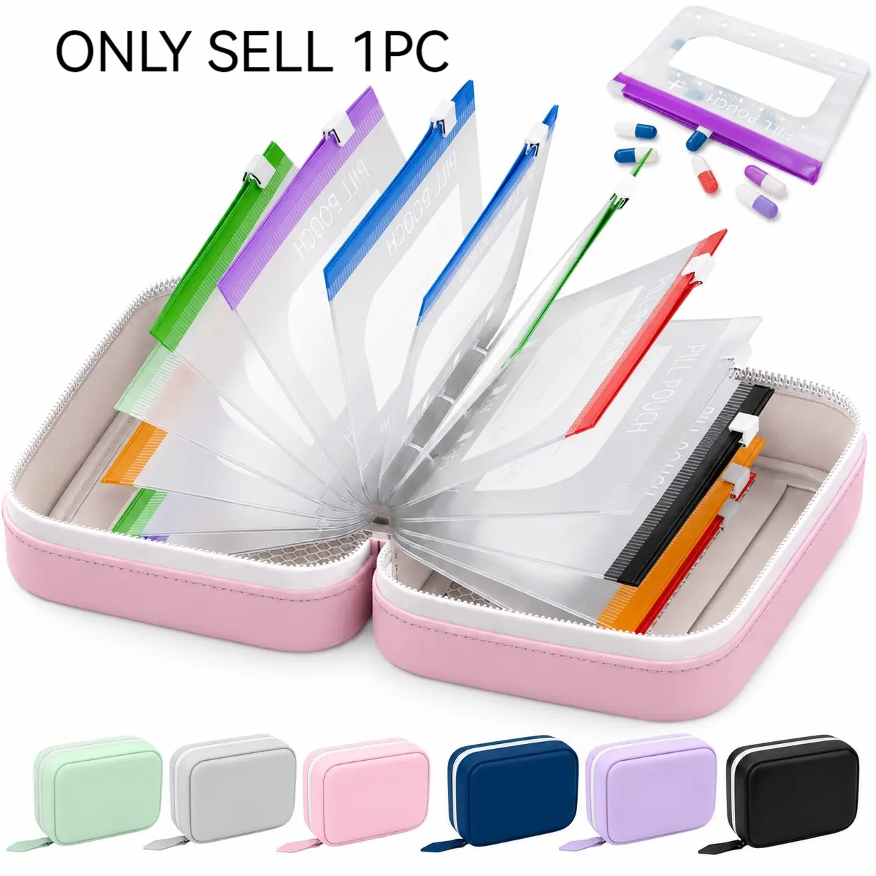 Waterproof Pill Organizer and Pouch Set, Travel Medicine Organizer with 14 Color-Coded Pouches, Leakproof Reusable Zippered Storage Case, Compact Daily Pill Holder