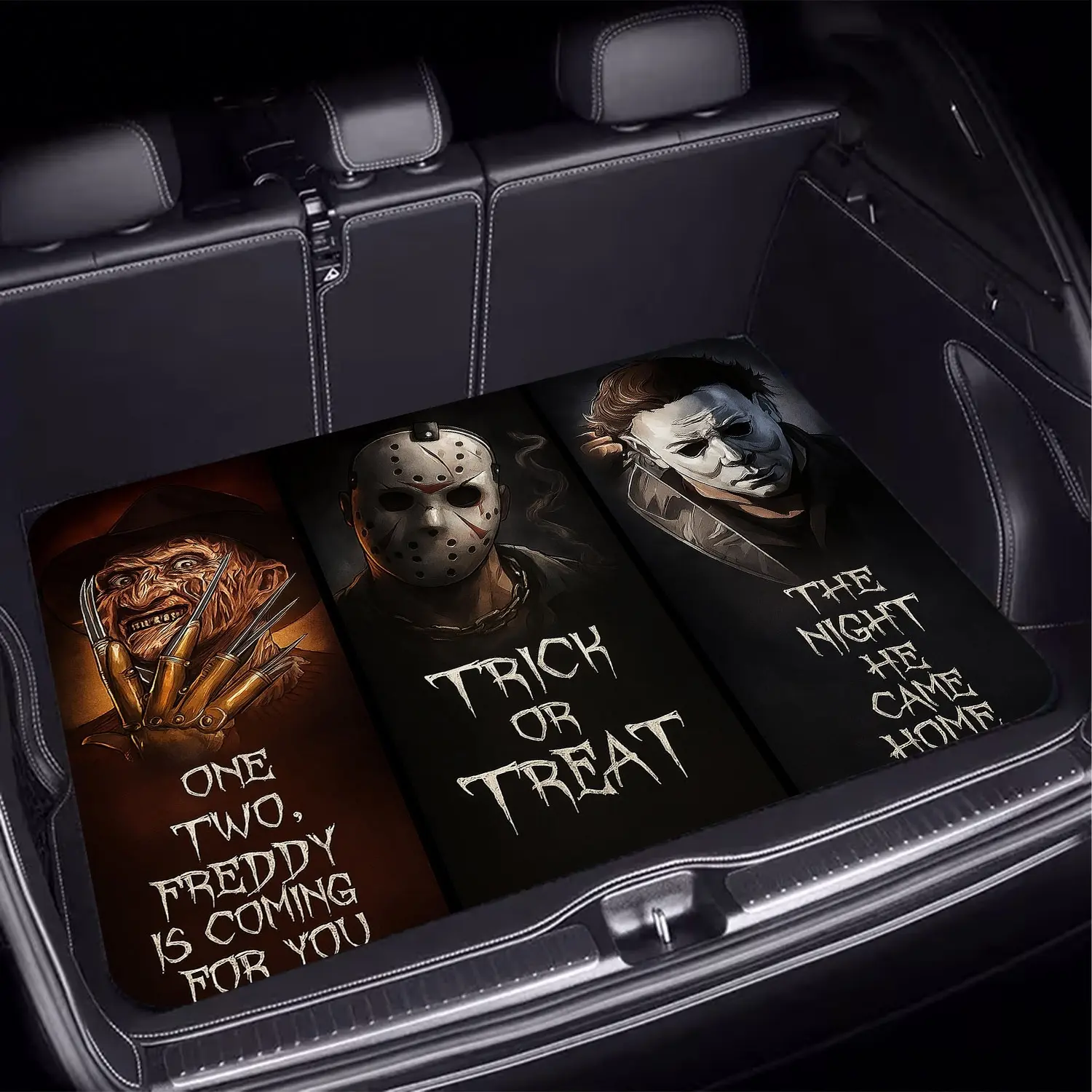 1pc Horror Movie Character Style Car Trunk Mat, Featuring a Thrilling Printed Pattern, an Essential Travel Accessory, Universal Fit for Various Car Models, Ideal for Car Interior Decoration, Enhances Car Atmosphere, Keeps Your Trunk Neat and Dry