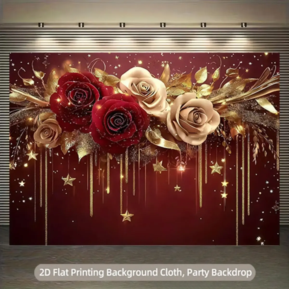 2D Flat Design Festive Backdrop & Banner - 1-Piece Elegant Artificial Rose Bouquet, Red & Beige Roses, Golden Leaves & Stars, Deep Burgundy Background, High-Quality Floral Centerpiece for Luxurious Celebrations, Weddings, Artificial Rose Bouquet Festive