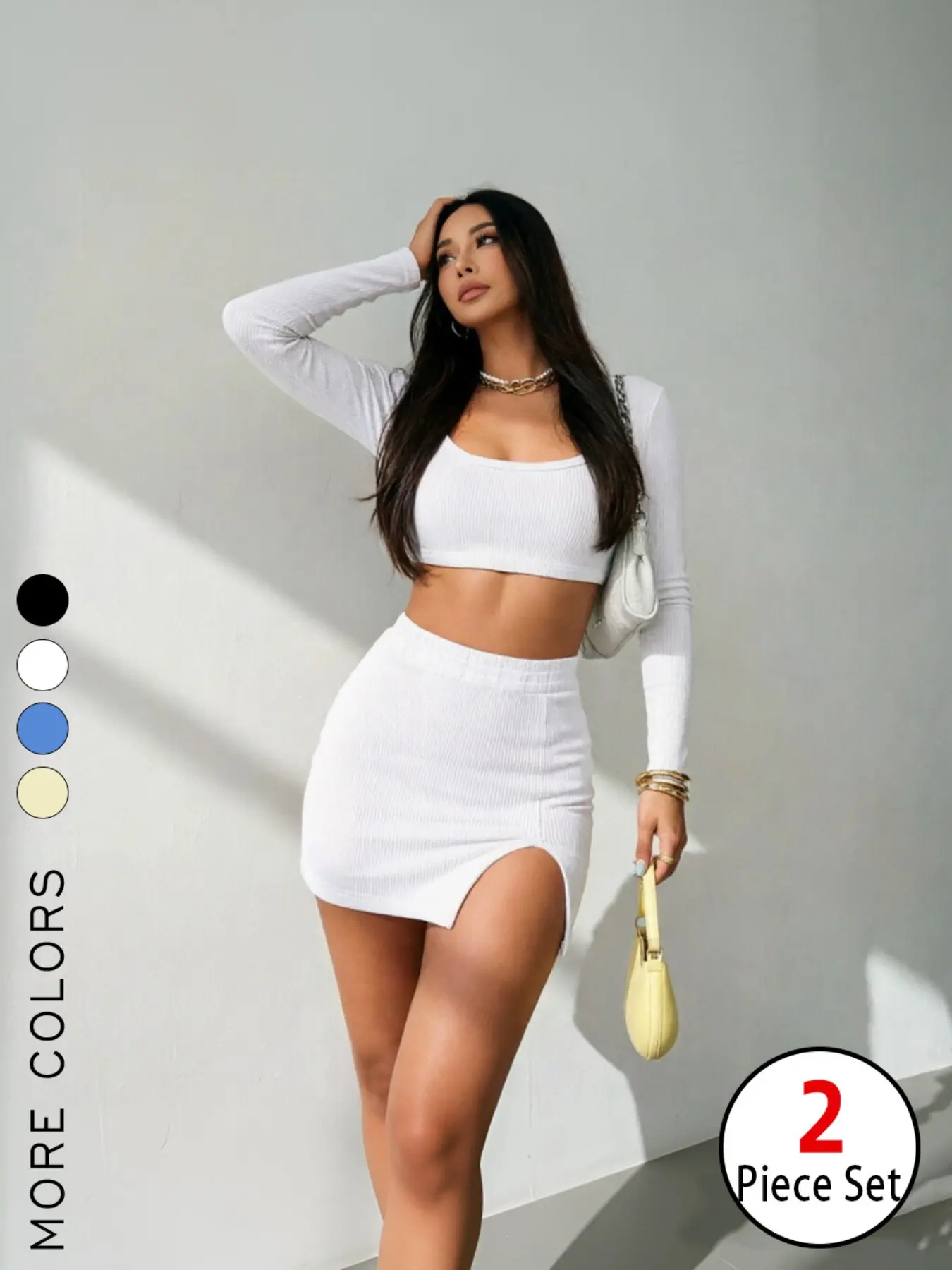 2026 New Women Y2K Ribbed 2 Piece Outfits, Clothes, Fashion, Long Sleeve Square Neck Crop Top & High Slit Mini Skirt Set, TikTok Chic Streetwear Matching Sets, Nightclub Date Outfit for Teen Girls Ladies, Soft Stretch Bodycon Two Piece Skirt Sets