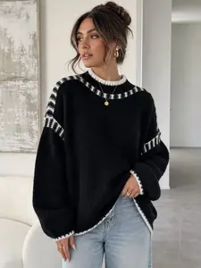 Women's Colorblock Striped Knit Sweater, New Round Neck Loose Fit, Fall & Winter Pullover, Versatile Outerwear and Innerwear Yy2534