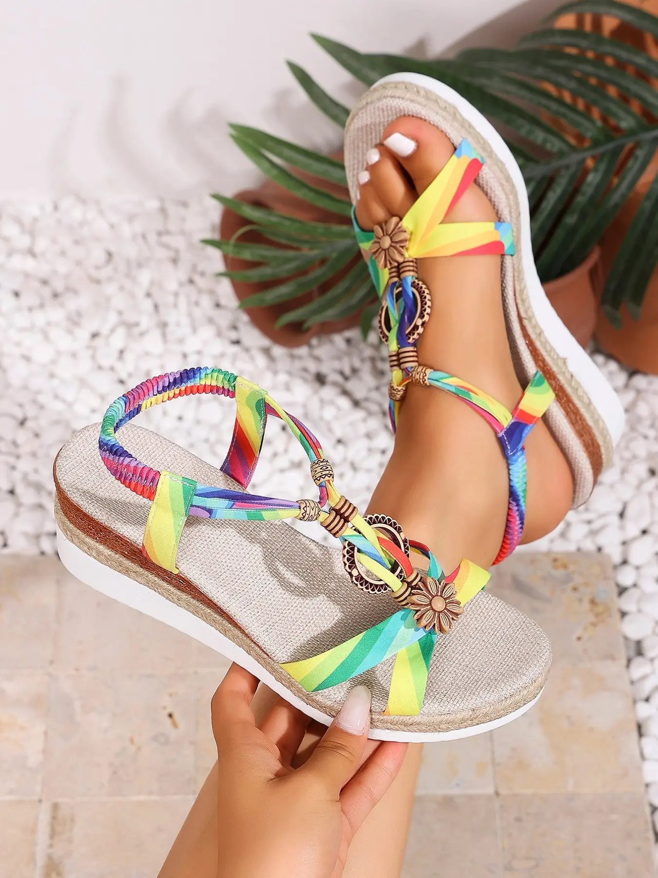 Rainbow Stripe Flower Thick Sole Wedge Sandals, Casual Plain Textile Shoes, All-Season Less Than Ankle Height, Fashionable Women's Footwear