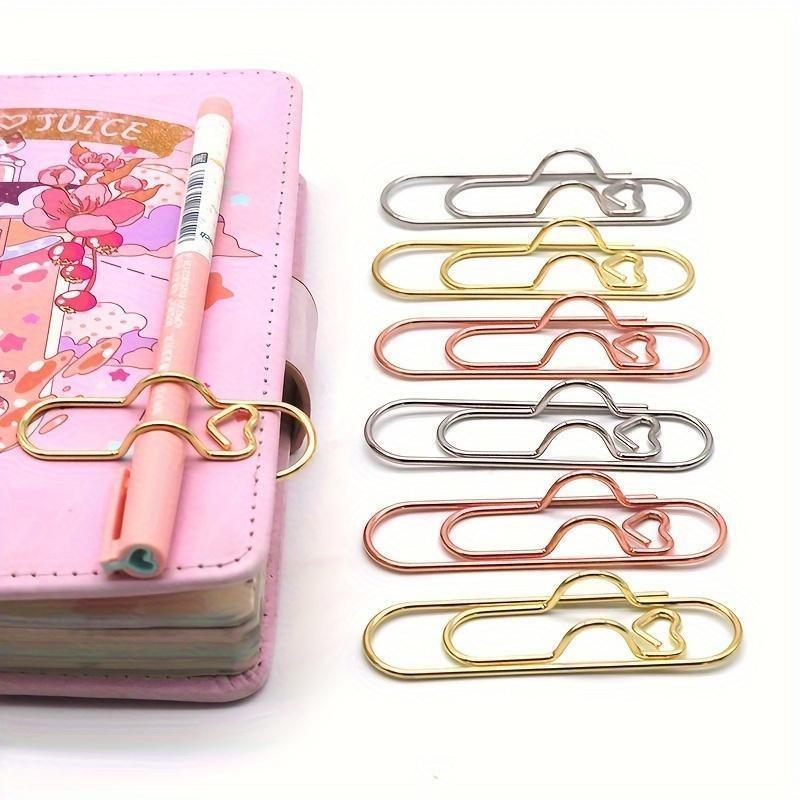 1 Box 6Pcs 3 Colors Heart Pen Clip Metal Pencil Clips Multifunctional Rose Gold Silver Carbon Steel Paperclip Portable Large Size Holder for Notebook Book Journal Office School Accessories